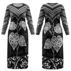 Black New Zealand Kawakawa Maori Ngaru Couples Matching Long Sleeve Bodycon Dress and Long Sleeve Button Shirt