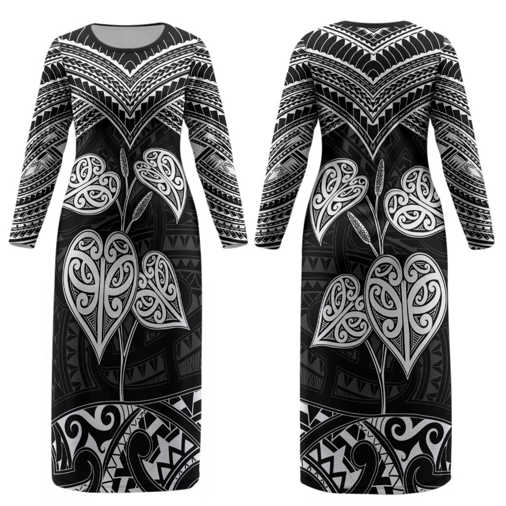Black New Zealand Kawakawa Maori Ngaru Couples Matching Long Sleeve Bodycon Dress and Long Sleeve Button Shirt