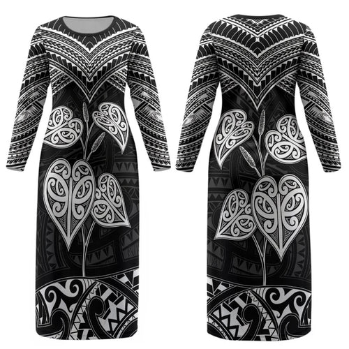 Black New Zealand Kawakawa Maori Ngaru Couples Matching Long Sleeve Bodycon Dress and Long Sleeve Button Shirt