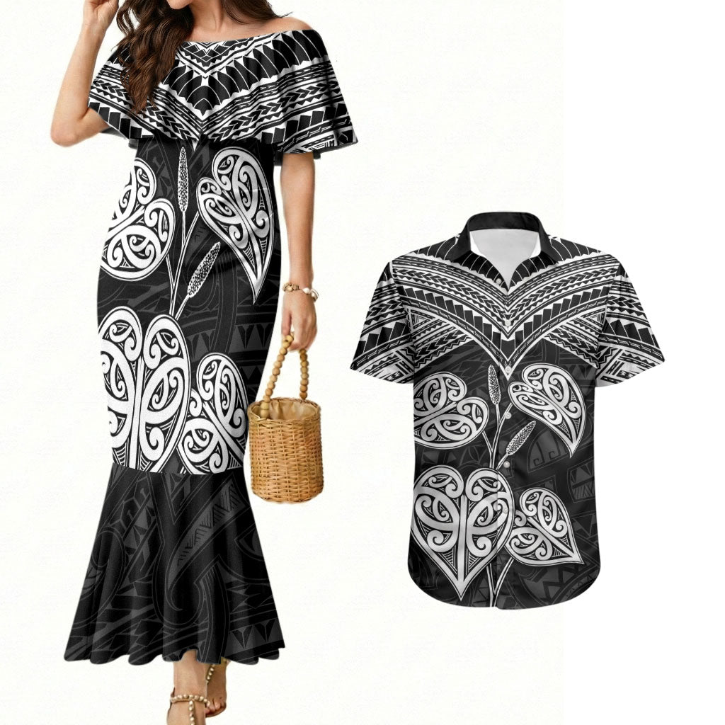 Black New Zealand Kawakawa Maori Ngaru Couples Matching Mermaid Dress and Hawaiian Shirt