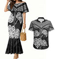 Black New Zealand Kawakawa Maori Ngaru Couples Matching Mermaid Dress and Hawaiian Shirt