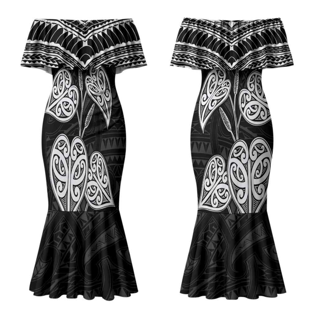 Black New Zealand Kawakawa Maori Ngaru Couples Matching Mermaid Dress and Hawaiian Shirt