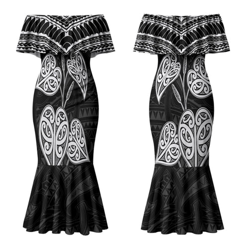 Black New Zealand Kawakawa Maori Ngaru Couples Matching Mermaid Dress and Hawaiian Shirt