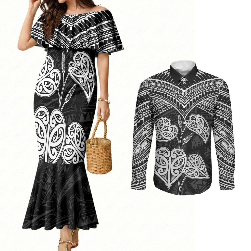 Black New Zealand Kawakawa Maori Ngaru Couples Matching Mermaid Dress and Long Sleeve Button Shirt