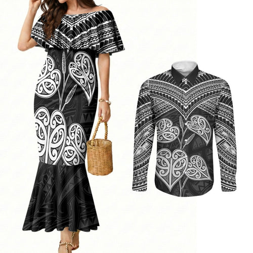 Black New Zealand Kawakawa Maori Ngaru Couples Matching Mermaid Dress and Long Sleeve Button Shirt