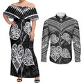 Black New Zealand Kawakawa Maori Ngaru Couples Matching Off Shoulder Maxi Dress and Long Sleeve Button Shirt