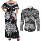 Black New Zealand Kawakawa Maori Ngaru Couples Matching Off Shoulder Maxi Dress and Long Sleeve Button Shirt