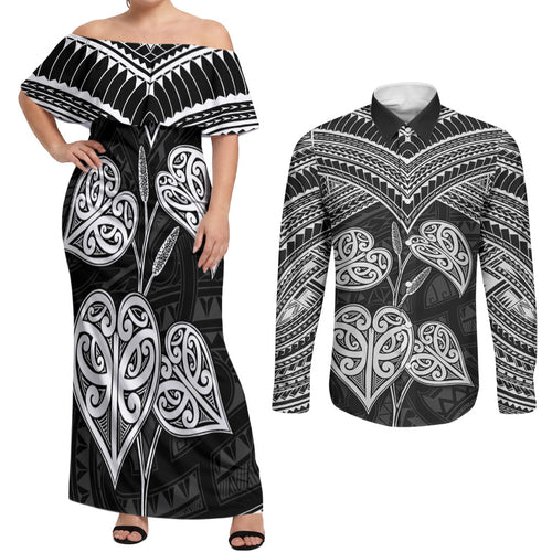 Black New Zealand Kawakawa Maori Ngaru Couples Matching Off Shoulder Maxi Dress and Long Sleeve Button Shirt