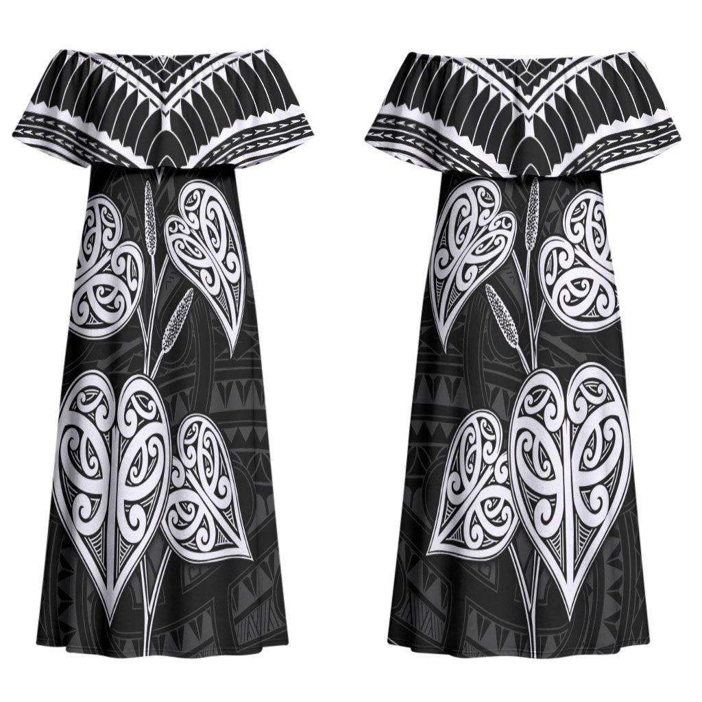 Black New Zealand Kawakawa Maori Ngaru Couples Matching Off Shoulder Maxi Dress and Long Sleeve Button Shirt