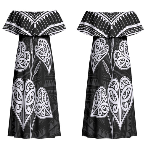 Black New Zealand Kawakawa Maori Ngaru Couples Matching Off Shoulder Maxi Dress and Long Sleeve Button Shirt