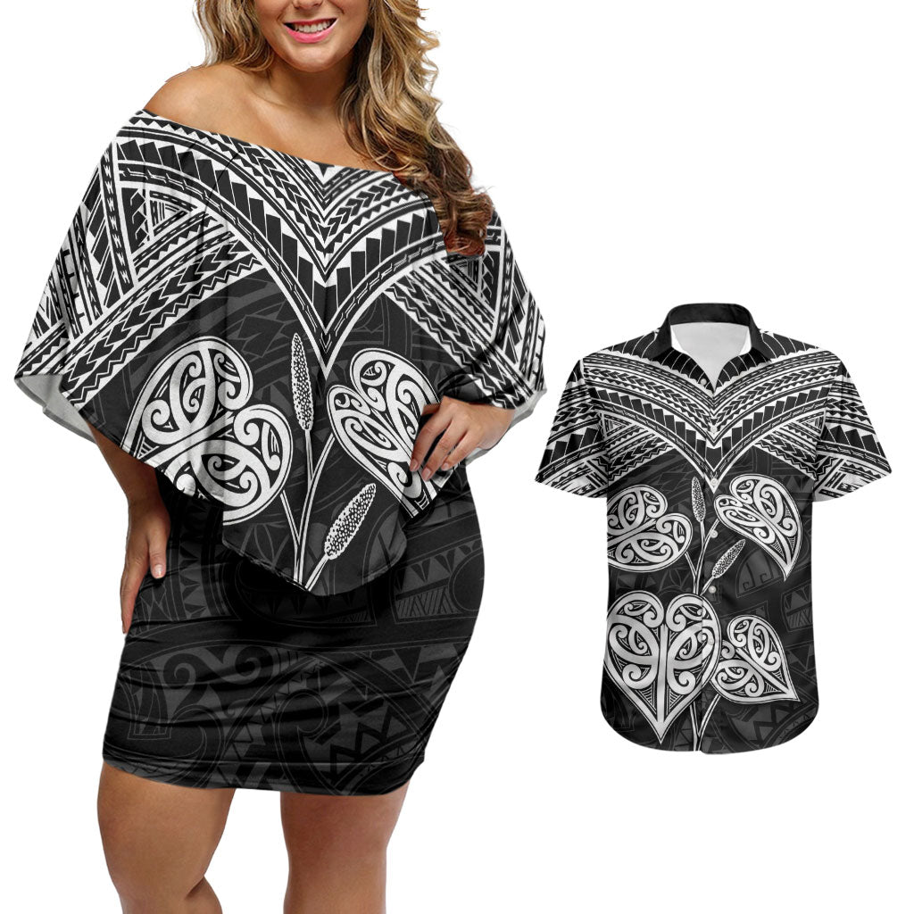 Black New Zealand Kawakawa Maori Ngaru Couples Matching Off Shoulder Short Dress and Hawaiian Shirt