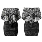 Black New Zealand Kawakawa Maori Ngaru Couples Matching Off Shoulder Short Dress and Hawaiian Shirt