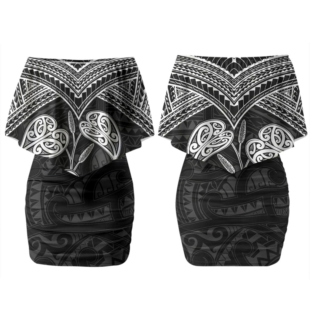 Black New Zealand Kawakawa Maori Ngaru Couples Matching Off Shoulder Short Dress and Hawaiian Shirt