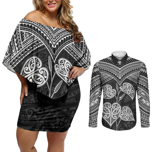 Black New Zealand Kawakawa Maori Ngaru Couples Matching Off Shoulder Short Dress and Long Sleeve Button Shirt