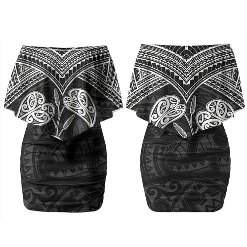 Black New Zealand Kawakawa Maori Ngaru Couples Matching Off Shoulder Short Dress and Long Sleeve Button Shirt