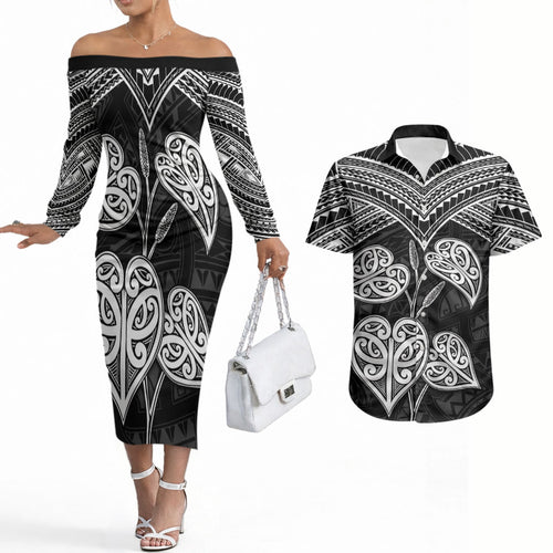 Black New Zealand Kawakawa Maori Ngaru Couples Matching Off The Shoulder Long Sleeve Dress and Hawaiian Shirt