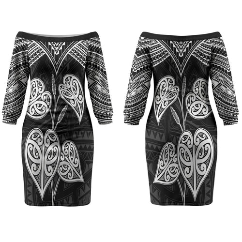 Black New Zealand Kawakawa Maori Ngaru Couples Matching Off The Shoulder Long Sleeve Dress and Hawaiian Shirt