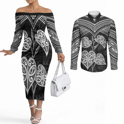 Black New Zealand Kawakawa Maori Ngaru Couples Matching Off The Shoulder Long Sleeve Dress and Long Sleeve Button Shirt