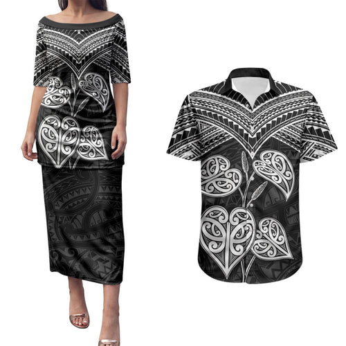 Black New Zealand Kawakawa Maori Ngaru Couples Matching Puletasi and Hawaiian Shirt