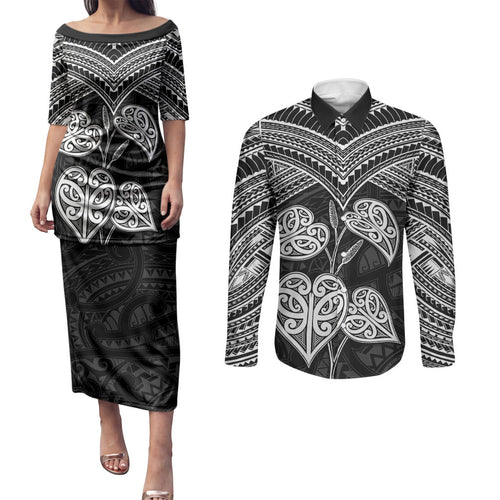 Black New Zealand Kawakawa Maori Ngaru Couples Matching Puletasi and Long Sleeve Button Shirt