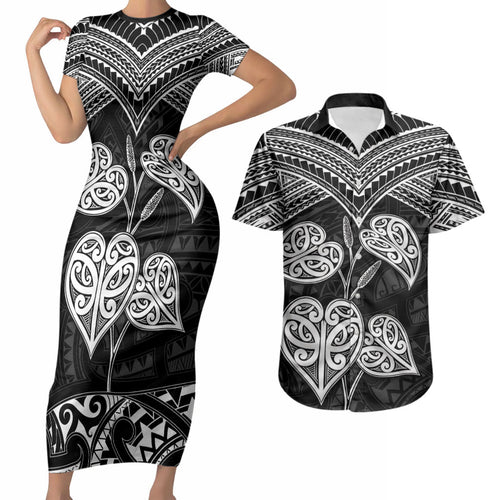 Black New Zealand Kawakawa Maori Ngaru Couples Matching Short Sleeve Bodycon Dress and Hawaiian Shirt
