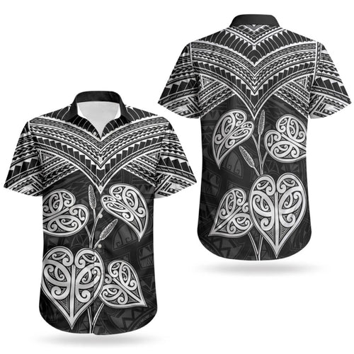 Black New Zealand Kawakawa Maori Ngaru Couples Matching Short Sleeve Bodycon Dress and Hawaiian Shirt