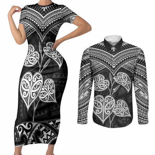 Black New Zealand Kawakawa Maori Ngaru Couples Matching Short Sleeve Bodycon Dress and Long Sleeve Button Shirt