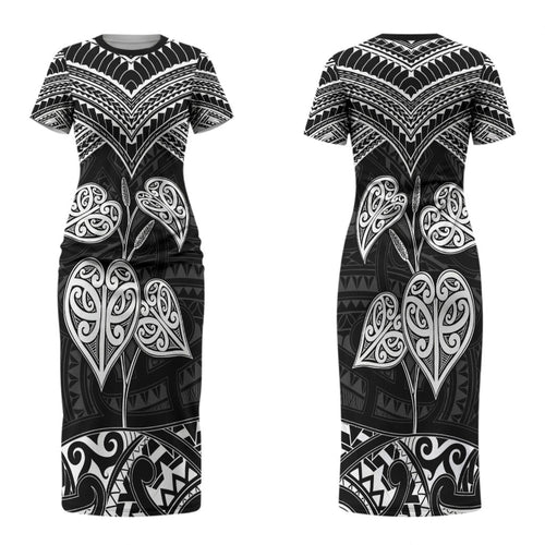 Black New Zealand Kawakawa Maori Ngaru Couples Matching Short Sleeve Bodycon Dress and Long Sleeve Button Shirt