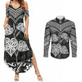 Black New Zealand Kawakawa Maori Ngaru Couples Matching Summer Maxi Dress and Long Sleeve Button Shirt