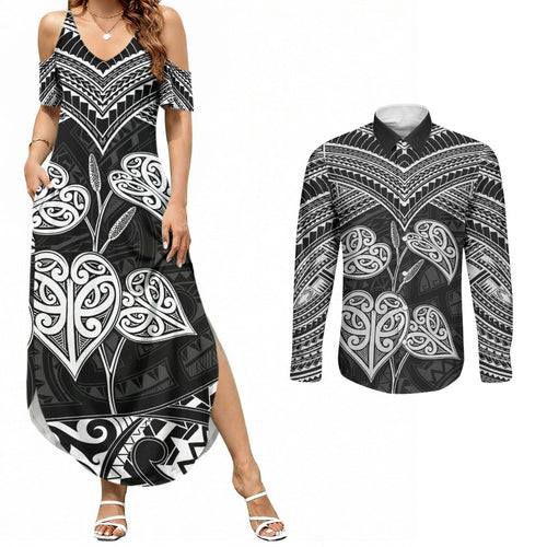 Black New Zealand Kawakawa Maori Ngaru Couples Matching Summer Maxi Dress and Long Sleeve Button Shirt