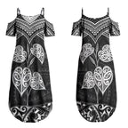 Black New Zealand Kawakawa Maori Ngaru Couples Matching Summer Maxi Dress and Long Sleeve Button Shirt