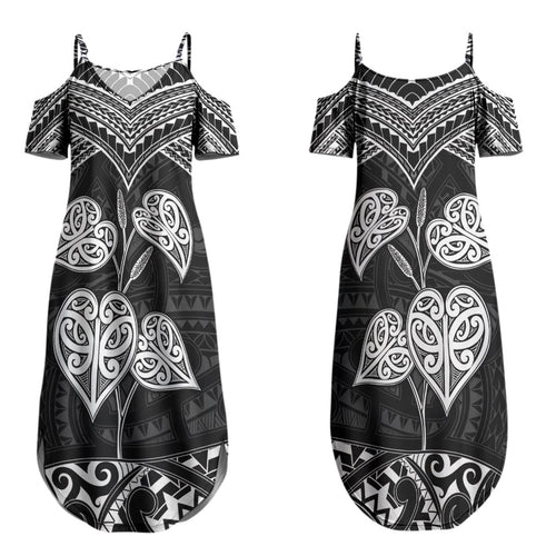 Black New Zealand Kawakawa Maori Ngaru Couples Matching Summer Maxi Dress and Long Sleeve Button Shirt
