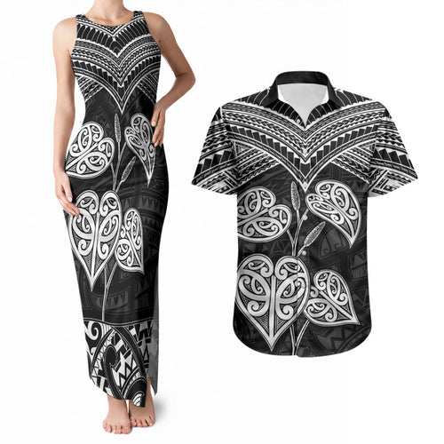 Black New Zealand Kawakawa Maori Ngaru Couples Matching Tank Maxi Dress and Hawaiian Shirt