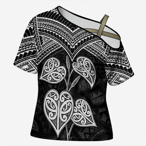 Black New Zealand Kawakawa Maori Ngaru Cross Shoulder Shirt