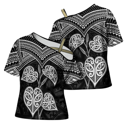 Black New Zealand Kawakawa Maori Ngaru Cross Shoulder Shirt