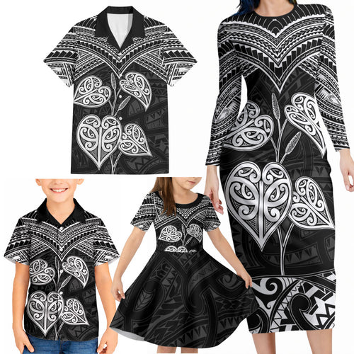 Black New Zealand Kawakawa Maori Ngaru Family Matching Long Sleeve Bodycon Dress and Hawaiian Shirt