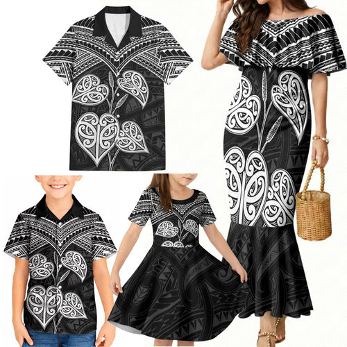 Black New Zealand Kawakawa Maori Ngaru Family Matching Mermaid Dress and Hawaiian Shirt