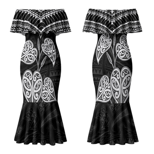 Black New Zealand Kawakawa Maori Ngaru Family Matching Mermaid Dress and Hawaiian Shirt