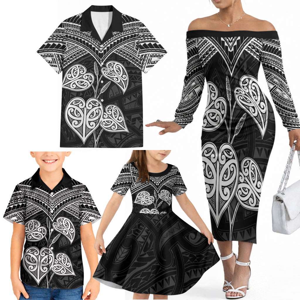 Black New Zealand Kawakawa Maori Ngaru Family Matching Off The Shoulder Long Sleeve Dress and Hawaiian Shirt