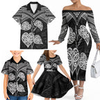 Black New Zealand Kawakawa Maori Ngaru Family Matching Off The Shoulder Long Sleeve Dress and Hawaiian Shirt
