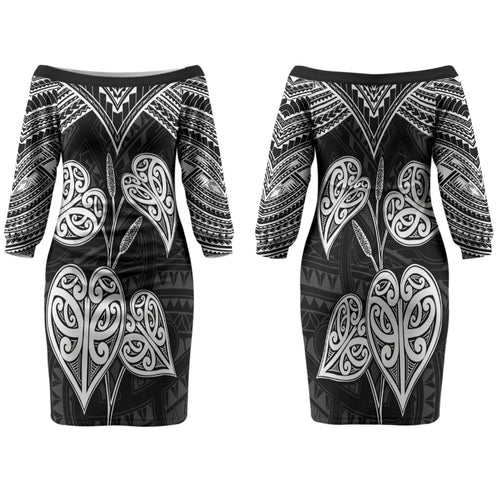 Black New Zealand Kawakawa Maori Ngaru Family Matching Off The Shoulder Long Sleeve Dress and Hawaiian Shirt