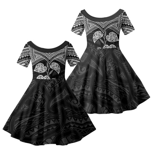 Black New Zealand Kawakawa Maori Ngaru Family Matching Off The Shoulder Long Sleeve Dress and Hawaiian Shirt