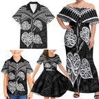 Black New Zealand Kawakawa Maori Ngaru Family Matching Off Shoulder Maxi Dress and Hawaiian Shirt