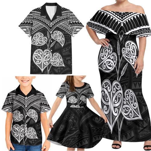 Black New Zealand Kawakawa Maori Ngaru Family Matching Off Shoulder Maxi Dress and Hawaiian Shirt