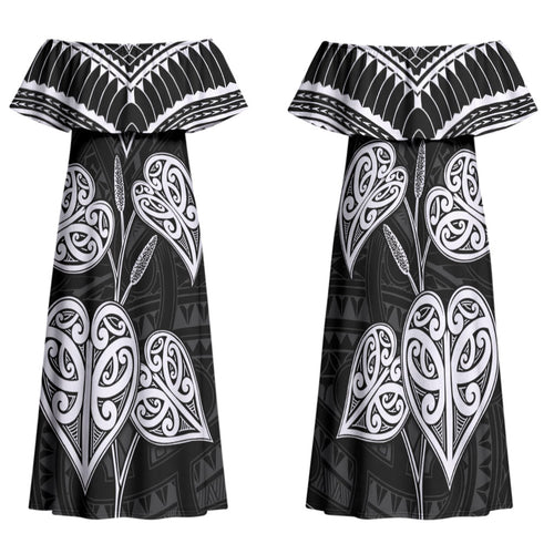 Black New Zealand Kawakawa Maori Ngaru Family Matching Off Shoulder Maxi Dress and Hawaiian Shirt