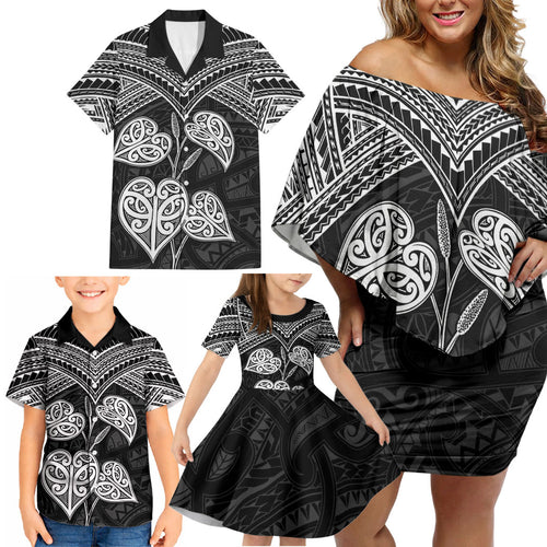 Black New Zealand Kawakawa Maori Ngaru Family Matching Off Shoulder Short Dress and Hawaiian Shirt