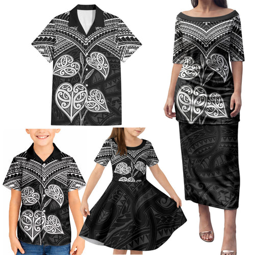 Black New Zealand Kawakawa Maori Ngaru Family Matching Puletasi and Hawaiian Shirt
