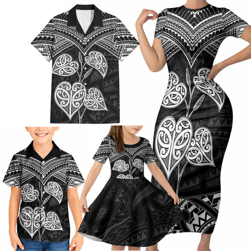 Black New Zealand Kawakawa Maori Ngaru Family Matching Short Sleeve Bodycon Dress and Hawaiian Shirt