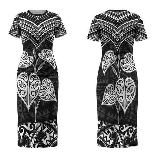 Black New Zealand Kawakawa Maori Ngaru Family Matching Short Sleeve Bodycon Dress and Hawaiian Shirt