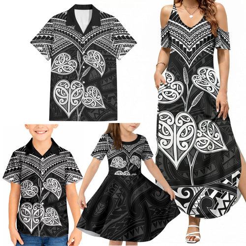 Black New Zealand Kawakawa Maori Ngaru Family Matching Summer Maxi Dress and Hawaiian Shirt